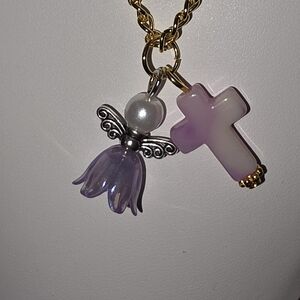 Gold Chain Necklace with Purple Angel and Pink Cross Charms
